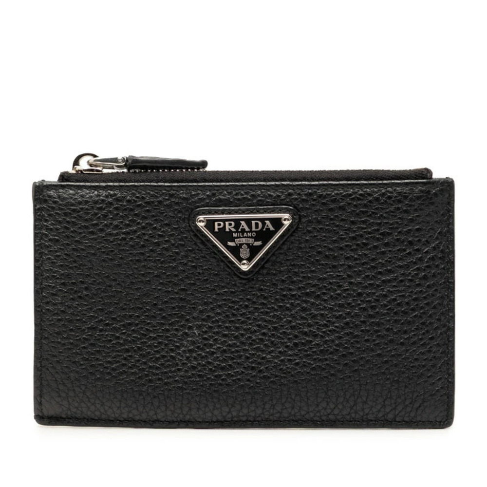 Prada Triangle Plate Card Case Wallet Coin Fragment Black Leather